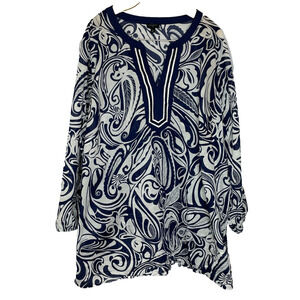 Women's 2X Talbots Navy Blue Patterned Cotton Tunic Notch Collar Blouse